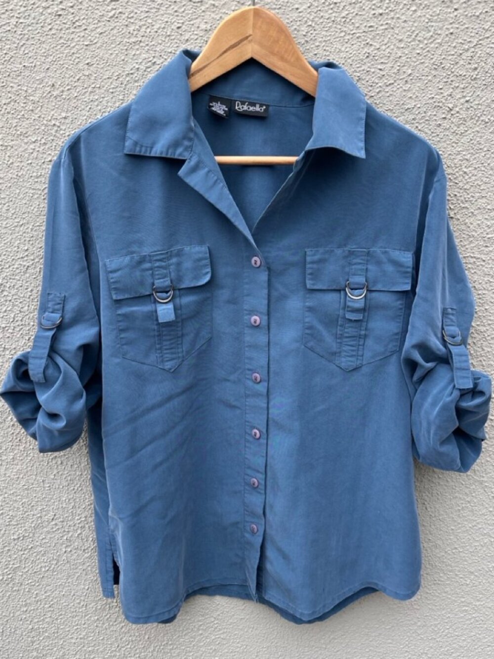 Rafaella Womens Large Blue Utility Shirt Roll Tab Sleeve Safari Button Blouse
